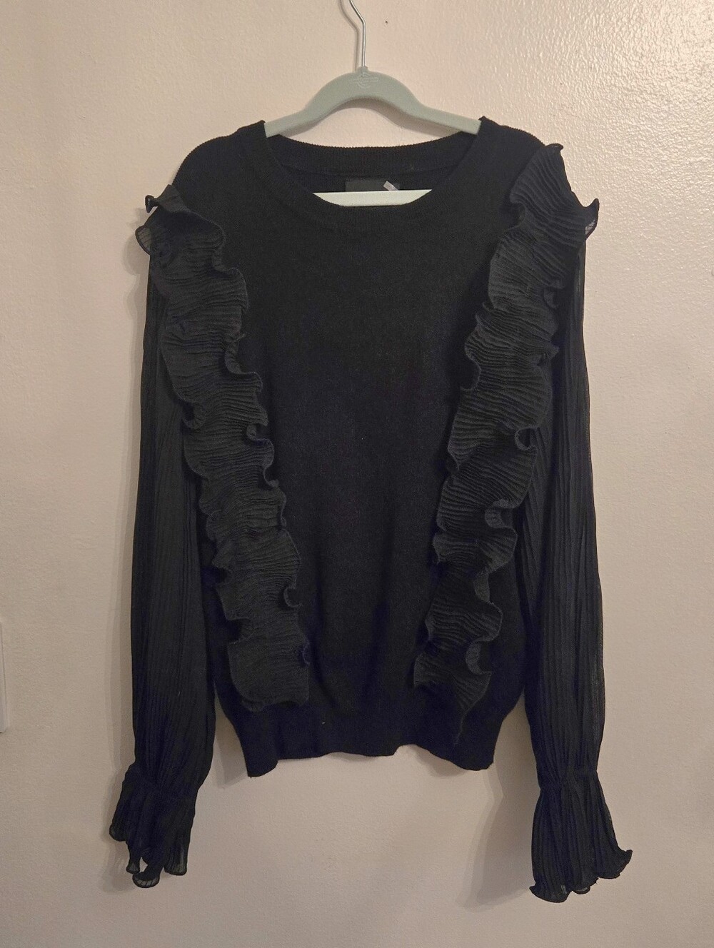 Cliche Black Crewneck Sweater Crimped Ruffles Semi Sheer Balloon Sleeves Large